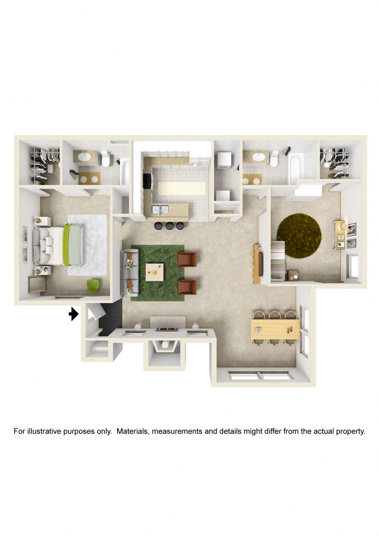 Floor plan for 2 beds, 2 baths, 1145 sqft
